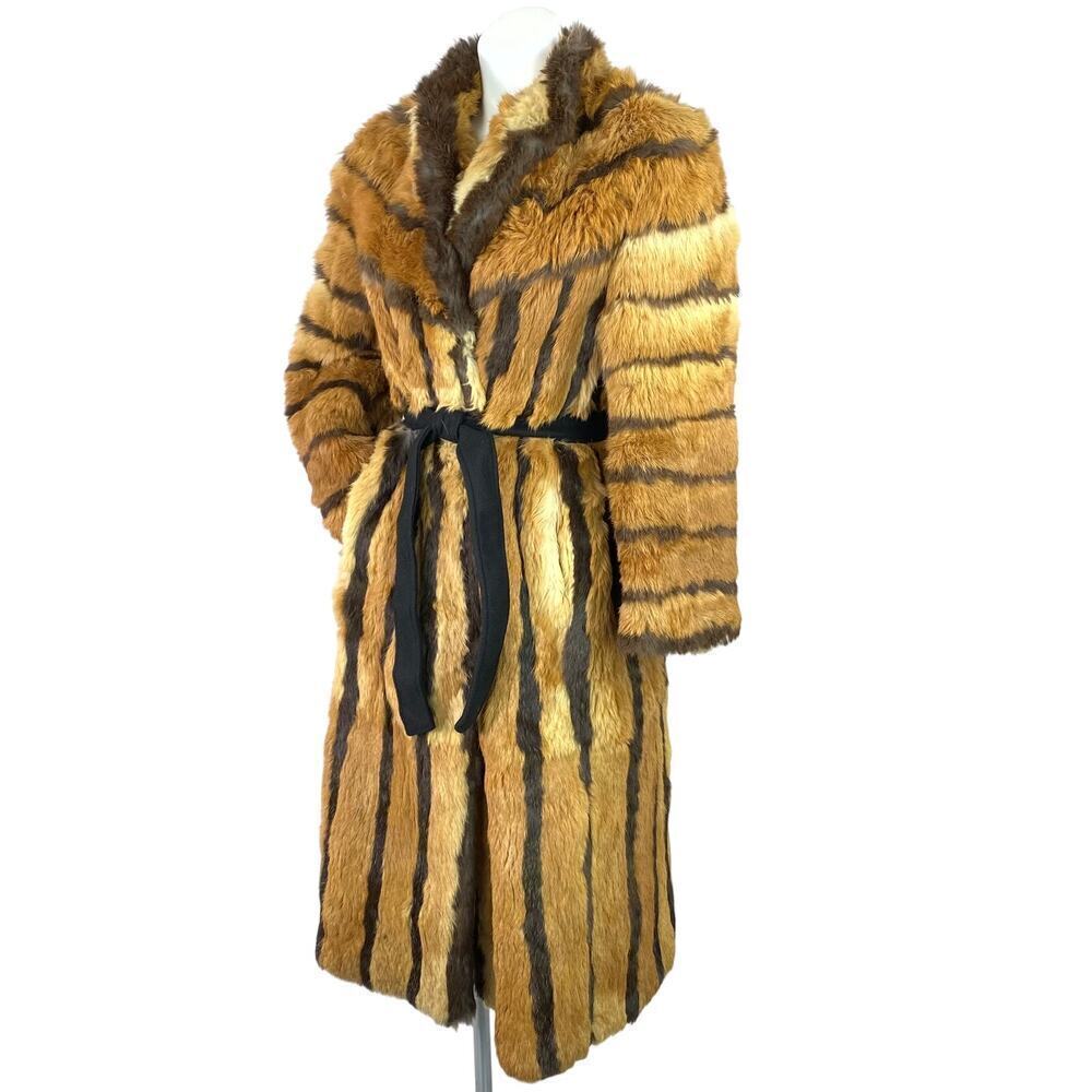 Vintage Striped Rabbit Fur Long Coat Belted 45” Mob Wife S M Needs Lining